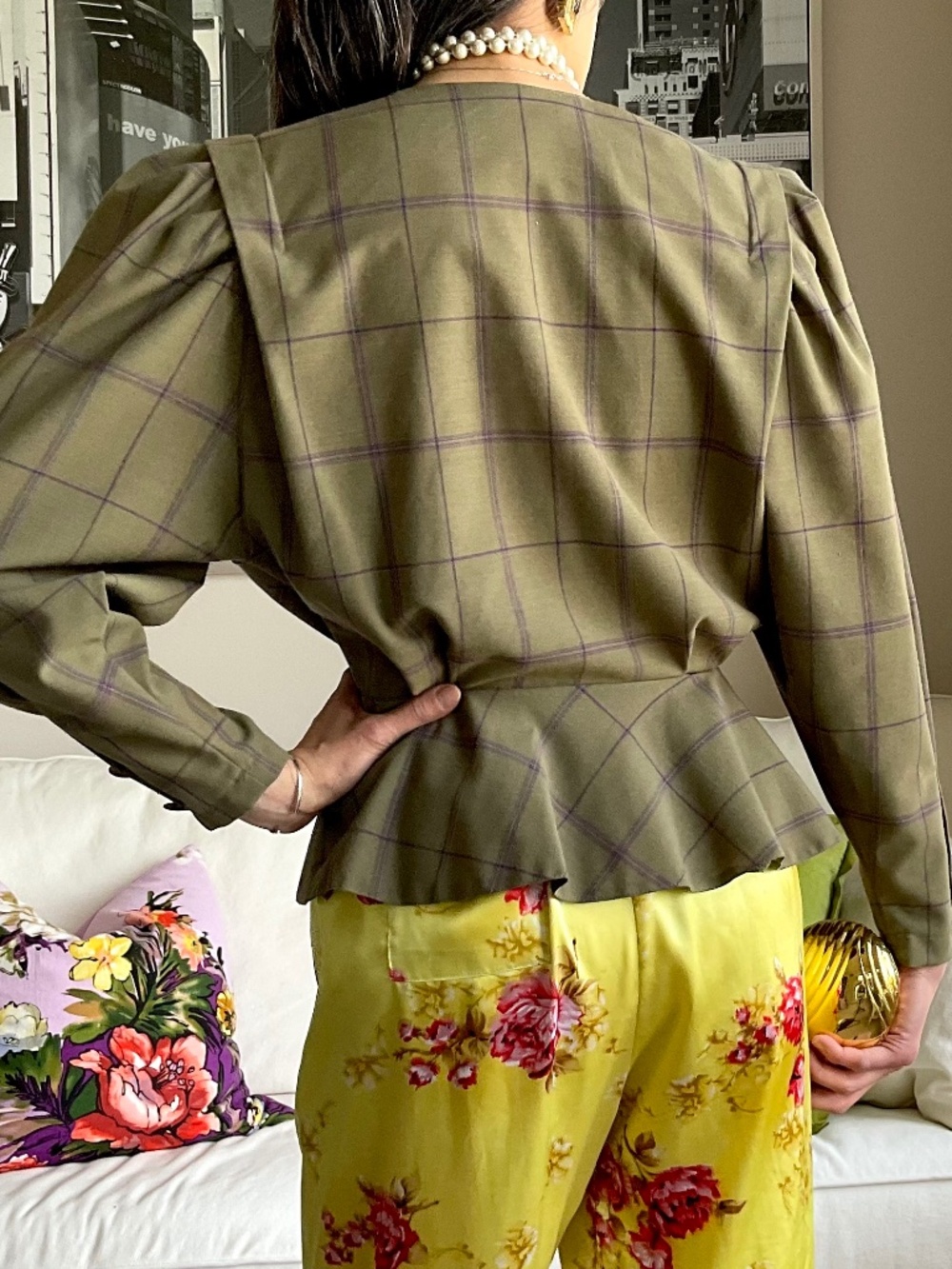 Wool blend Moss green with purple check peplum blazer - Picture 4 of 16